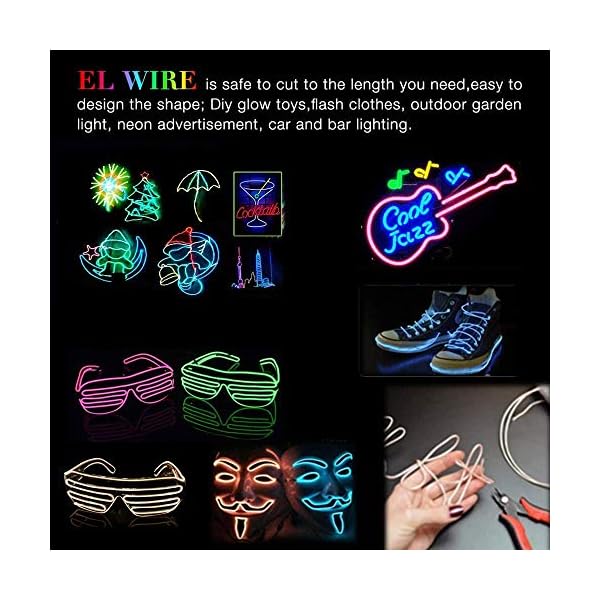 Maxlax el wire 5 pack, 9ft neon light wire noise reduction with battery pack(green, blue, red, white, pink)… - image 6