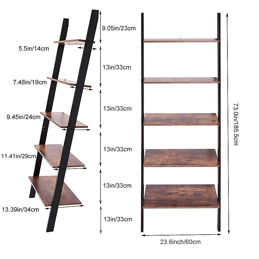 IWELL Ladder Shelf, 5Tier Leaning Bookshelf, Retro Storage Shelves