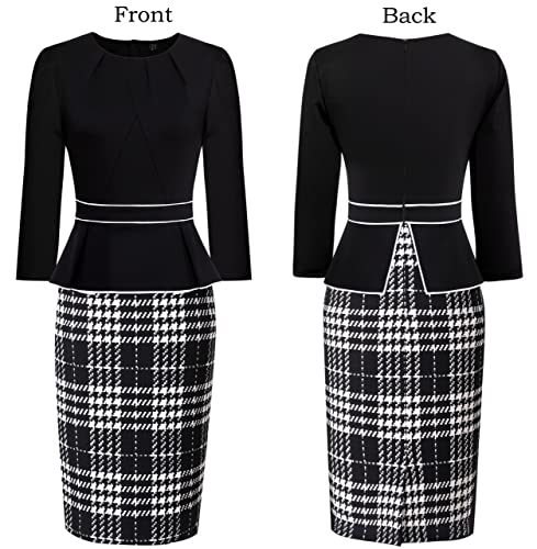 Image of VFSHOW Womens Pleated Crew Neck Peplum Slim Work Business Dress Elegant 3 /4 Sleeves Office Church Bodycon Pencil Sheath Dress