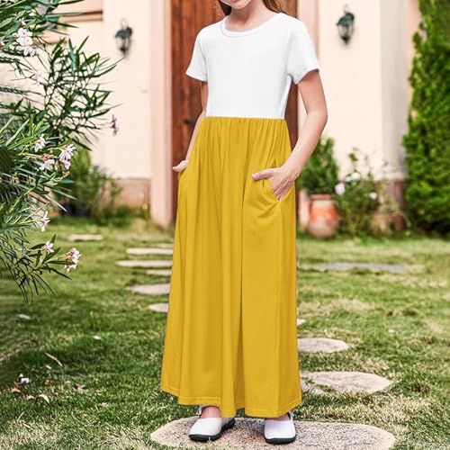 4-14T Girls Maxi Dresses Summer Fashion Solid Color & Color Block Short Sleeves Comfy A-Line Beach Casual Sundress2