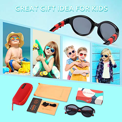 Sungait Kids Polarized Round Sunglasses With Cute Heart Shaped Frame Uv400 For Girls Boys Age 3-10 (Black Frame Red Temple) Sgtc51-Hkho #TOP6