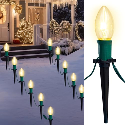 Joiedomi Christmas C9 Pathway Lights Outdoor Decorations 24 Packs, 30.75ft Xmas Warm White Pathway...