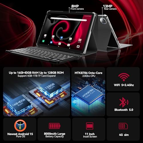 Image of KADYBE Android 15 Tablet 11 inch, 2025 Tablets with 16GB RAM 128GB ROM 1TB Expand, Tablet with Keyboard, 8000mAh Battery, Octa-Core MTK 8786 Tableta with 21 MP Camera, 11 inch Incell Screen
