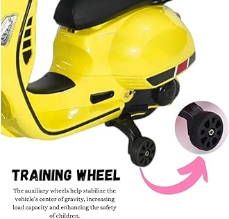 SKYA STAR 12V Vespa Rechargeable Battery Ride-On Scooter for Kids with Remote Control, Music, LED Lights & Training Wheels - Safe & Fun Electric Motorcycle for Ages 1-6 - Yellow