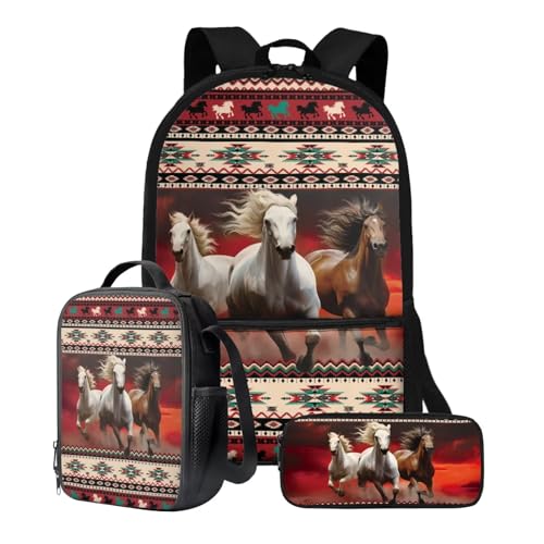 Set di zaini per bambini ragazzi e ragazze 43.2 cm con borsa per il pranzo astuccio per matite per libri elementari set da 3 pezzi Cavalli da corsa della tribù azteca