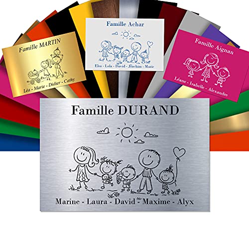 Plaque Boîte aux Lettres Family Personnalisable – Adhésive PVC – Motif Déco de Famille au Choix – 12 x 8 cm (Gris Alu Métallisé)