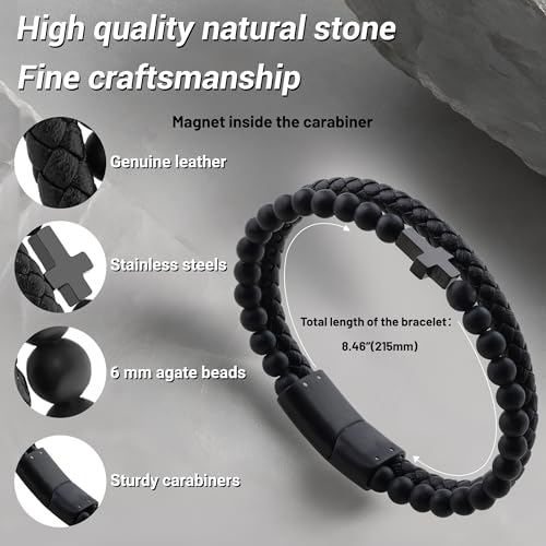 Mens Bracelet,Gifts for Men,Double-Row Black Braided Leather Bracelets for Men,Black Stainless Steel Cross Jewelry With Black Onyx Beads Bracelets,Charm Bracelet,For Dad,Friends,Brother,Sons3