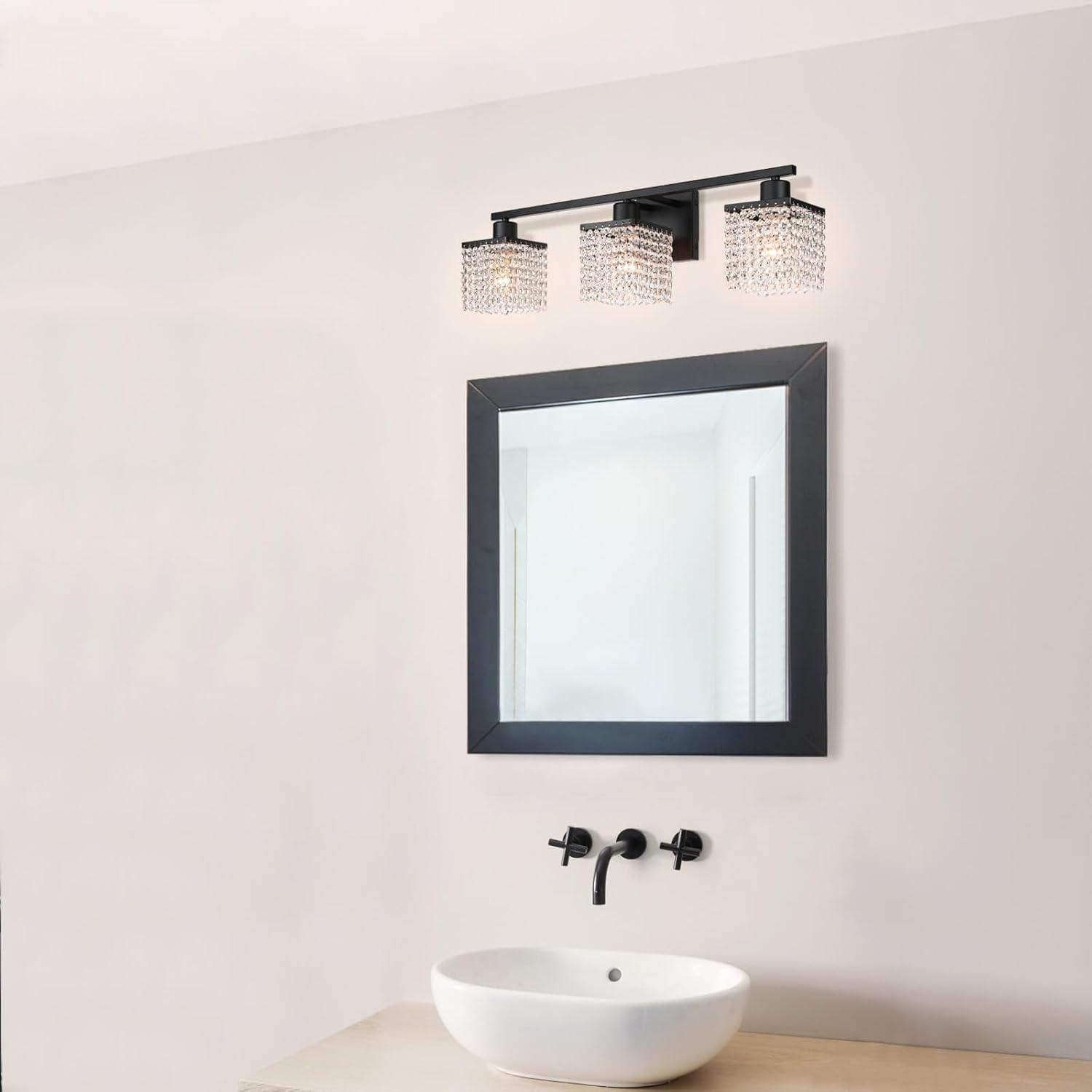 XiNBEi Lighting 3-Light Bathroom Vanity Light, Black Bathroom Light Fixtures Over Mirror with K9 Clear Crystal String Shade Modern Crystal Vanity Lights for Bathroom XB-W327-3-MB