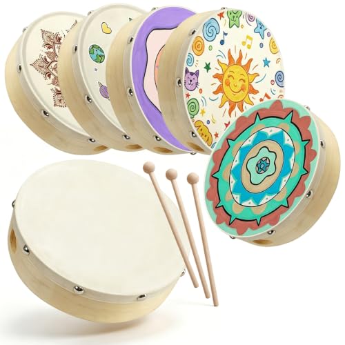 6 Pcs Wood Frame Hand Drum Drumhead with Beater Sticks, DIY Drum Surface