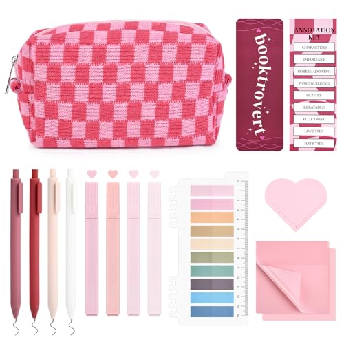 Kit de anotação de livro estético, 14 peças, estojo grande quadriculado para amantes de livros, marcadores duplos, canetas de gel, material de estudo, conjunto de papelaria para estudante, rosa