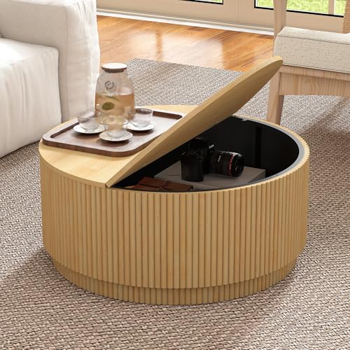 Image of LEVNARY 31.5 inch Round Coffee Table with Storage, Boho Coffee Tables with Fluted Base, Wooden Circle Accent Center Table for Living Room Small Space Apartment Office (Natural)