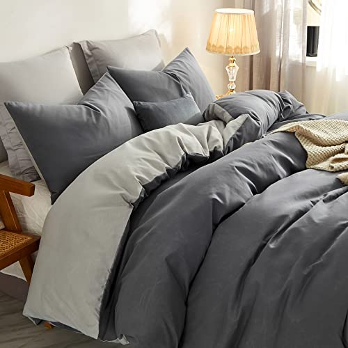 Jyhoney 3Pcs Gray Duvet Cover Set Queen Size Chambray Grey Reversible Sliver Gray Farmhouse Bedding Set Modern Solid Plain Soft Microfiber Comforter Quilt Covers For Men Women #TOP2