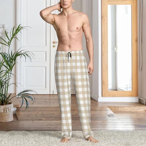 White Beige Twill Stripe Plaid Mens Pj Pants,Soft Men Lounge Pants,Mens Pajama Pants Bottoms,Sleep Pants For Men2