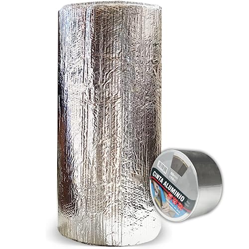 Aislante Térmico Reflexivo de Aluminio y Burbujas 0.5x2.5 m (1.25 m²) + Rollo Cinta de Aluminio 50 mm x 10 m - Frío y Calor - Viviendas, Caravanas, Campers, Buhardillas, Uso Industrial