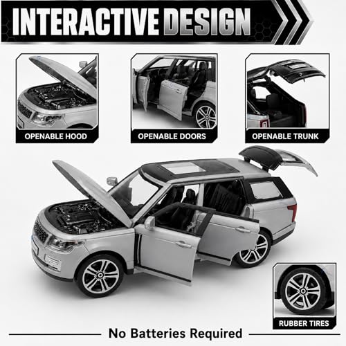 Image of GRAPHENE 1:32 Scale RR Pull Back Toy Car, Die Cast Metal Body SUV Model with Openable Doors, Light & Sound, Realistic Miniature Vehicle Toy for Kids Boys Girls (Grey)