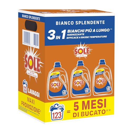 Sole Detersivo Lavatrice Liquido Bianco Splendente 123 Lavaggi | Formula igienizzante, Rimuove macchie a basse temperature