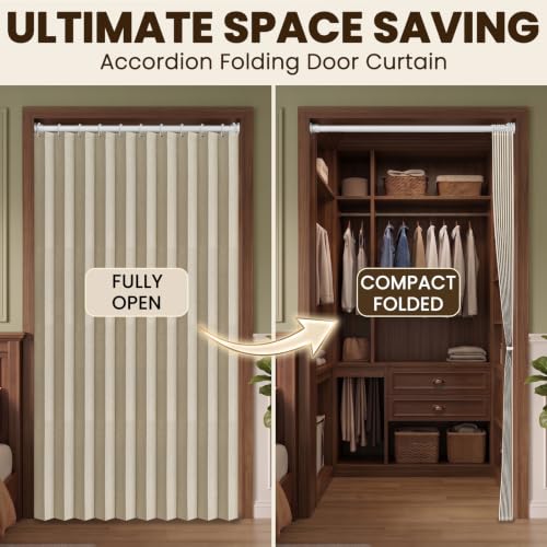 Image of AJAZZ Blackout Magnetic Door Curtain Accordion Doors Interior Folding Closet Door Curtain Invisible Applicable Bedroom Room Living Room Doorway (Cream Yellow 42 inch W x 78 inch L 1 Panel