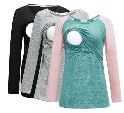 Image of Bearsland Women's 3 Packs Maternity Clothes Long Sleeves Breastfeeding Shirts Nursing Top