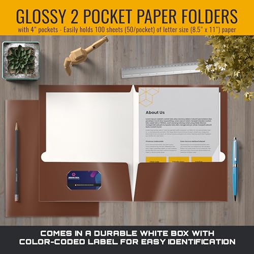 Image of Better Office Products 2 Pocket Glossy Laminated Brown Paper Folders, Box of 25, Letter Size, Brown Paper Portfolios