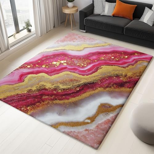 Genérico Alfombra Grande de área Antideslizante de TPR Lavables a máquina, Pelo Corto Alfombras Suave Seguro Ágata Textura Pan Oro Abstracto Lujo Pared, para familias con niños y Mascotas 90 x 150 cm