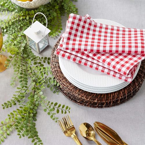 Image of Set of 4 Cotton Mercerised Dining Table Napkins,Red Check Colour, Heavy Weight,More Than 2 cm Mitered Hem,Washable at 40C (Red Check, 45 X 45 Cms)