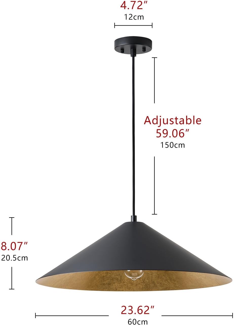 Aiwen 23.62 Inch Large Modern Black Pendant Light, Farmhouse Industrial Style, Dome Shade with Sand Black Exterior and Gold Foil Interior, Ceiling Mounted for Kitchen Island, Dining Room