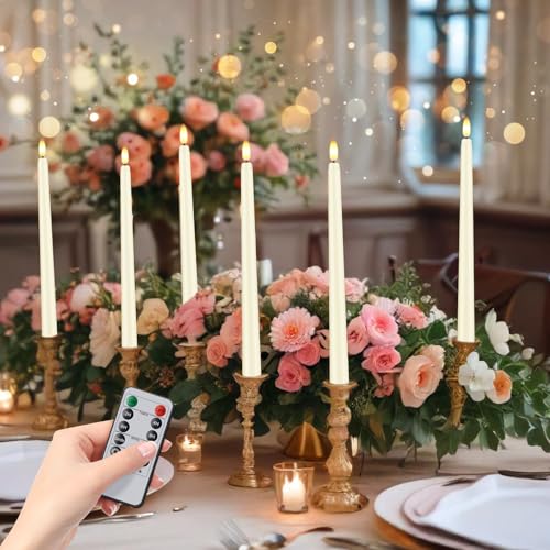 Image of 12 Pcs Flickering Flameless LED Taper Candles, 11 inch Long Fake Taper Candles Battery Operated with Remote Timer, Ivory Plastic Electric Candlesticks for Wedding Party Christmas Holiday