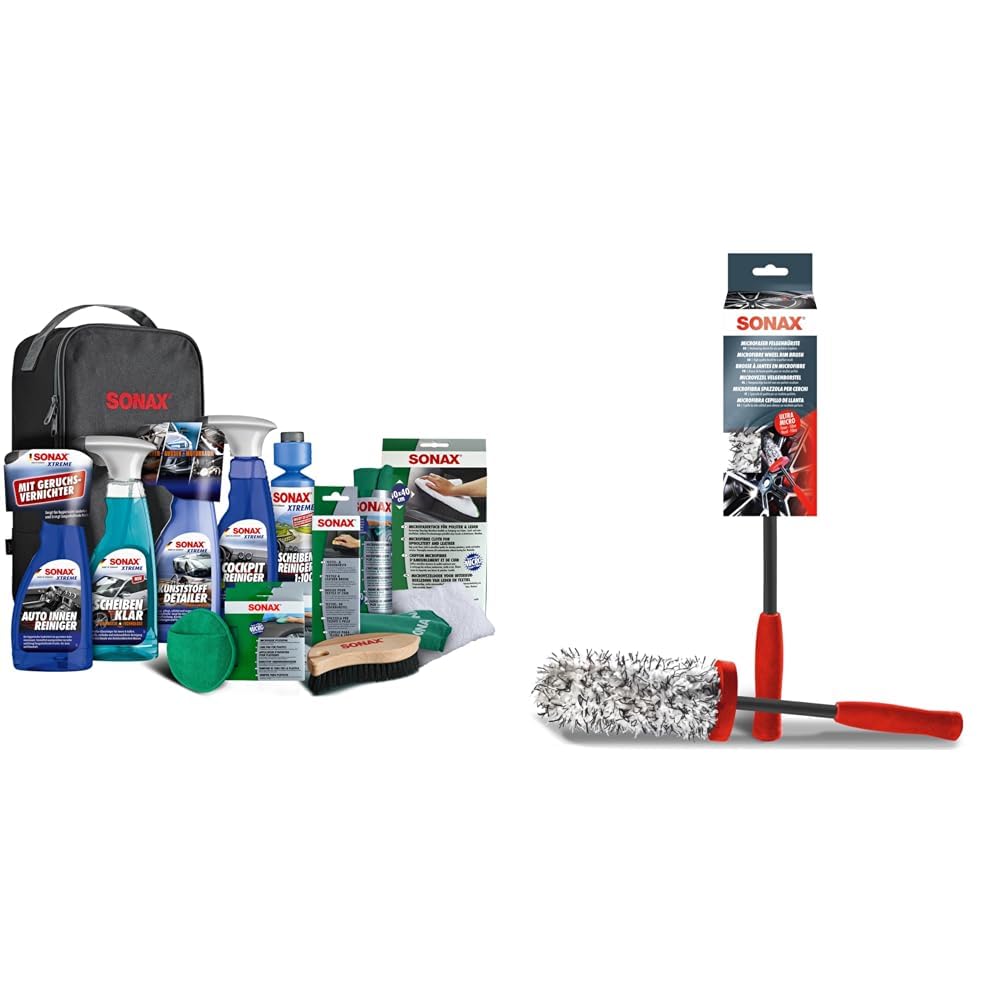 SONAX Innenraum+Scheibe-Set mit Tasche (11-teilig) zur Reinigung aller Flächen & Microfaser FelgenBürste (1 Stück)