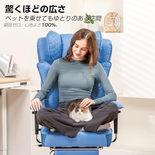 GTRacing ゲーミングチェア オフィスチェア 上品な型押しデザイン 腰にポケットコイル内蔵 腰当て 腰が痛くならない 椅子 150度リクライニング 昇降アームレスト 上質なPUレザー 蒸れない ソファーの座り心地 テレワーク 疲れない 社長椅子 リクライニング 広い座面 CH610-BLUE [3]