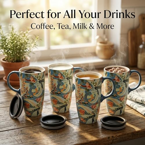 Taza de viaje de cerámica 17oz con tapa diseño floral azul miniatura 6