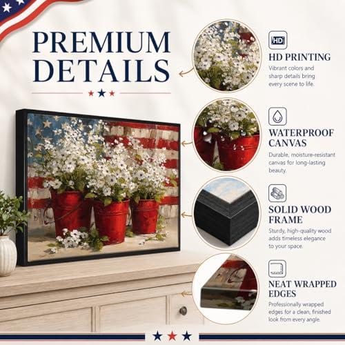 Image of American Flag Framed Canvas Wall Art, 4th of July Floral Canvas Prints, Wildflower Landscape Patriotic Decorations, Vintage Rustic Independence Day Wall Decor for Bedroom Living Room Office 20x24