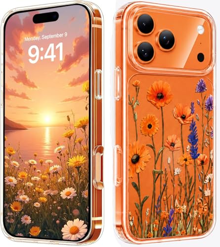 Image of Elzzi Floral Case for iPhone 17 Pro Max, Lavender Flower Clear Phone Case for Women Girls, Cute Aesthetic Purple Botanical Transparent Shockproof Protective Slim Cover (Orange with Leaf)