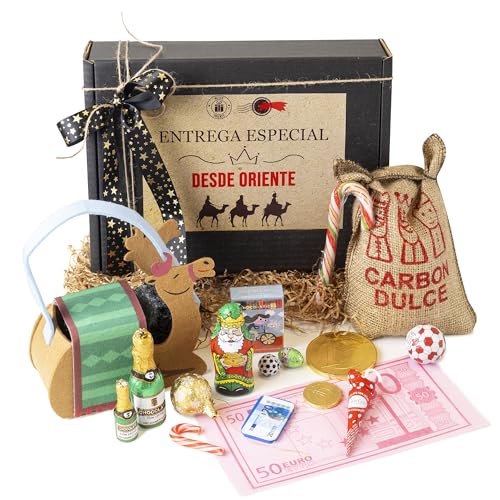Onza Cesta de chocolates para regalar por Reyes Magos - Pack Camello de Fieltro con Surtido de Chocolatinas y Dulces navideños - Chocolates y Carbón dulce para regalar Reyes Magos (Pack 3 Camellos)