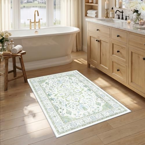 RELEANY Washable Area Rug, Small 2'6"x4', Green/White/Blue