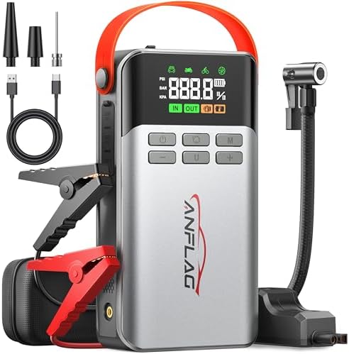 6000A Car Battery Starter, ANFLAG Car Jump Starter with Air Compressor 150 PSI (for All Gas or 12L Diesel), Portable Car Jump Starter with Inflator, Large LCD Screen, Quick Charge