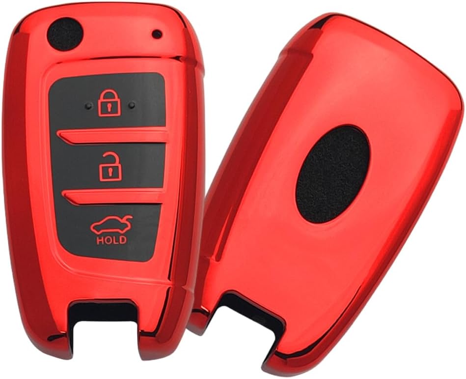 CaseBuy TPU Material Car Key Cover Case Compatible with Hyundai Verna 2023 i20 N line N6 Car 3 Button Flip Key (Metallic Red)