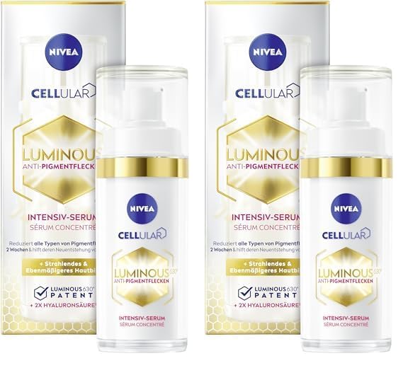 NIVEA Cellular LUMINOUS630 Anti-Pigmentflecken Intensiv-Serum (30ml), Gesichtspflege mit Hyaluronsäure für einen ebenmäßigeren und strahlenden Teint, Serum gegen Pigmentflecken (Packung mit 2)