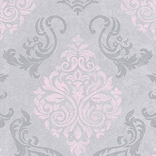 Papel pintado barroco para dormitorio, revestimiento de pared, efecto brillante, efecto ornamento, diseño de hormigón, color gris y rosa Cover