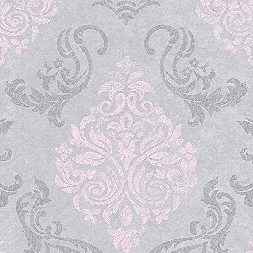 Papel pintado barroco para dormitorio, revestimiento de pared, efecto brillante, efecto ornamento, diseño de hormigón, color gris y rosa