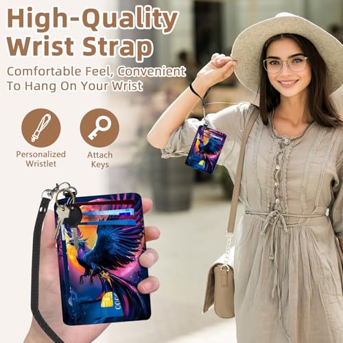 Credit Holder Slim Wallet, PU Leather RFID Blocking, Women & Men Front Pocket Small Card Holder, Credit Card Wallet with Wristlet, Convenient Travel Business, Majestic Phoenix3