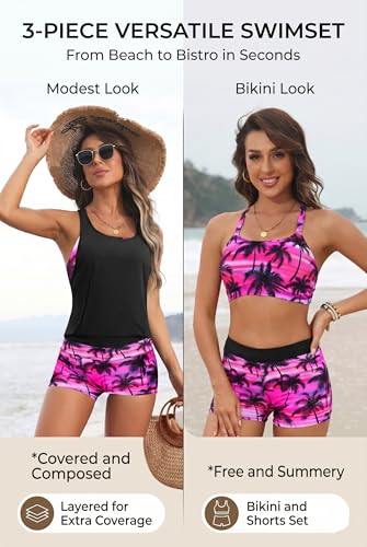 Image of Aqua Eve 3 Piece Tankini Swimsuit for Women Tank Bathing Suit with Shorts Open Back Athletic Swimwear