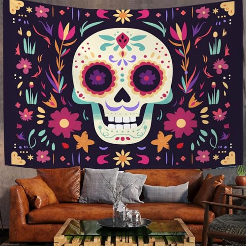 Tapisserie Halloween grand format crâne mexicain floral pour salon et dortoir