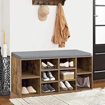 Entryway Bench, 10 Cubbies Shoe Bench, 3-Tier Wooden Shoe Rack with Cushion Cubby, Storage Bench Organizer with Adjustable Shelves for Bedroom, Hallway, Living Room, Garage Brown