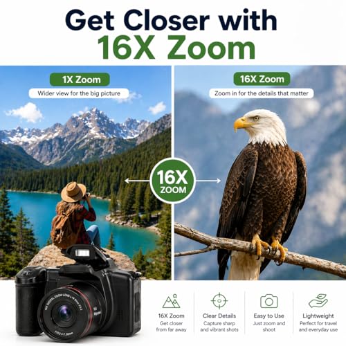 Image of Acuvar 16MP Digital Camera Mini SLR Style Compact Camera with 32GB SD Card, Card Reader, Card Holder 2.4 inch LCD 16X Zoom CMOS Sensor - Point and Shoot Vlogging Camera for Photography YouTube Camera