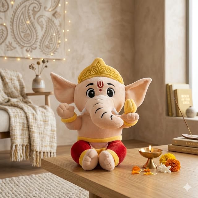 Image of AVSHUB Baby Ganesha with modek Plush Toy Cute Soft Doll Soft Plush Toy, Best Birthday Gift for Infants, Toddlers & Kids (Medium - 25 Cm, Without Music)