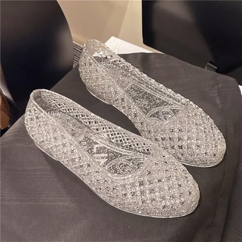 Image of Stunner Women Beach Jelly Shoes Slip On Crystal Summer Hollow Ballet Flats | Summer Cool PVC Breathable Outdoor Indoor Dressy Flat Sandals for Holiday Shopping Spa Swimming Pool