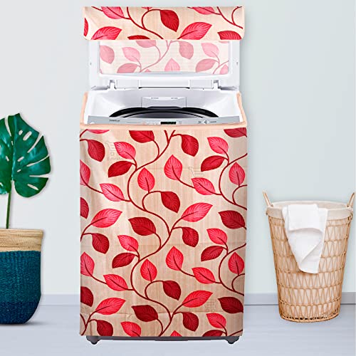 Image of Washing Machine Cover for Top Load 5kg to 7.5kg | Light Weight Dustproof Polyester Cover with Zip Enclosure | Leaf Print Fully Automatic Washer Protector Indoor Outdoor Use- Size 23x23x35 inch