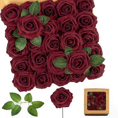 Rose Artificial Flowers for Party Decorations-25pcs Real Looking Burgundy Foam Fake Roses with Stems for DIY Wedding Bridal Bouquets Baby Shower,Cake Party Home Decor & Mother’s Day Gifts for Mum