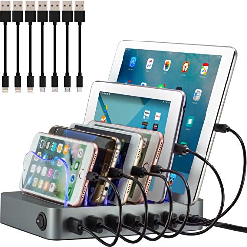 Simicore Charging Station (Original U.S. Design Patent) - Stylish Multiple Device Charger, with 7 Mini Cables for Apple and Android (Space Gray)