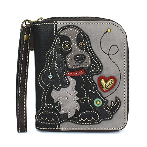 Image of CHALA Zip Around Wallet, Wristlet, 8 Credit Card Slots, Sturdy Pu Leather - Black Cocker Spaniel - Gray